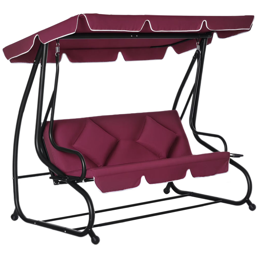 Outsunny 3-Seat Steel Outdoor Canopy Porch Swing with Cushions and Pillows, Light Brown