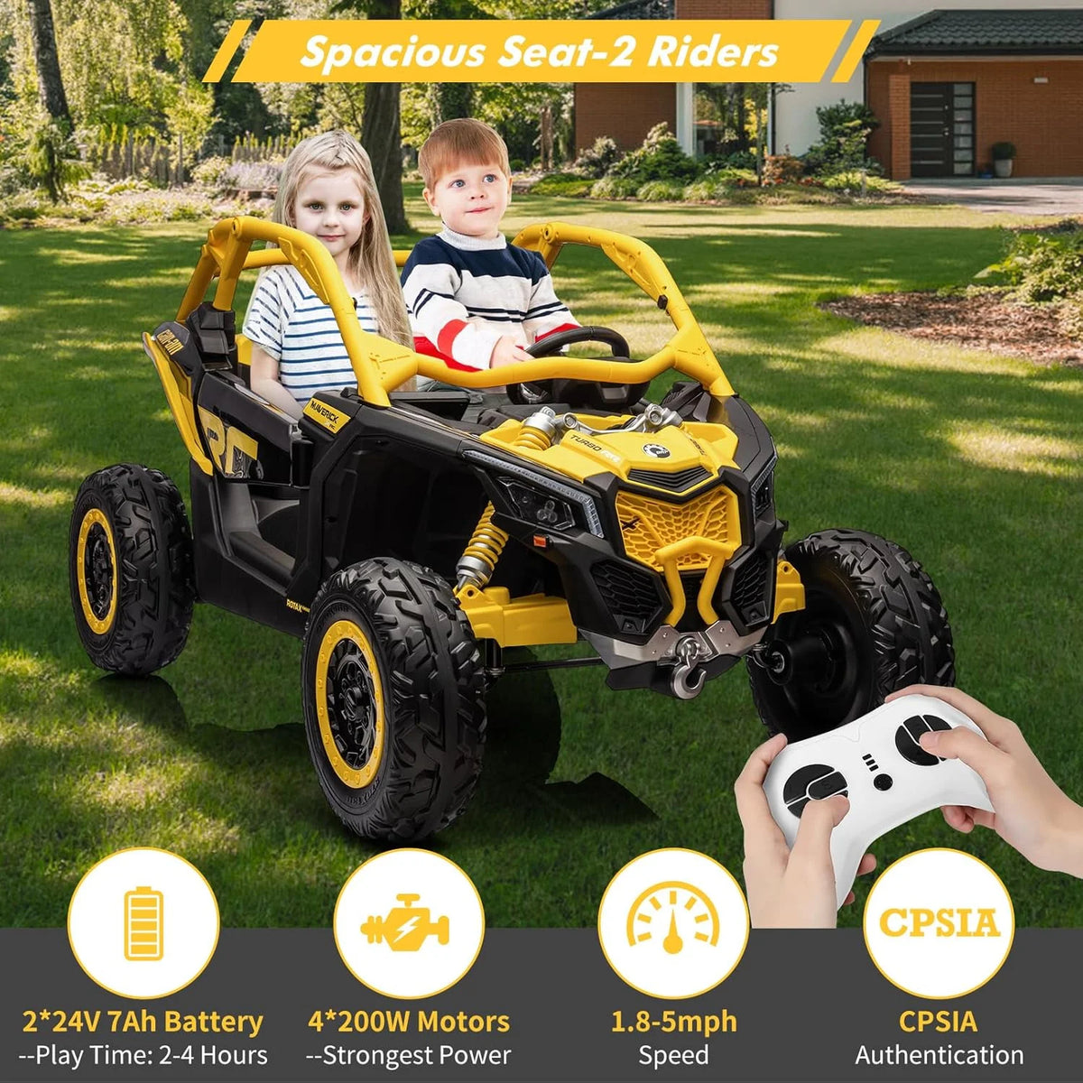 EastVita 2 Seats Ride on Ride on Car 200W Motors UTV,with Remote Control 23" Seats Width Electric Vehicle, EVA Wheels,Music,Head+Tail Light