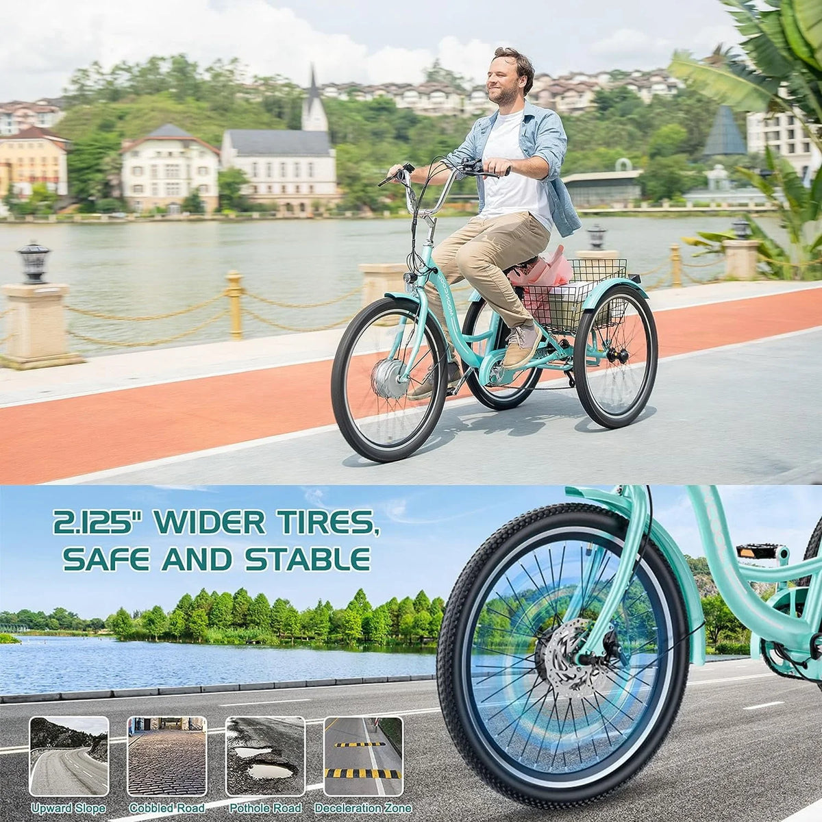 ABORON 350W Electric Trike, 7 Speed 24"/26" Motorized 3 Wheel Electric Tricycle for Adults with 36V 10Ah Lithium Battery UL Certified, Rear Basket