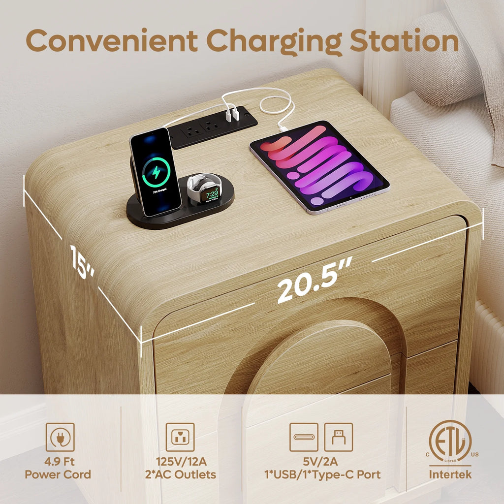 Bestier Nightstands Set of 2 with Charging Station, Modern Bedside Table End Table with Storage Drawer & Open Shelf for Bedroom Living Room Dorm Office, Natural
