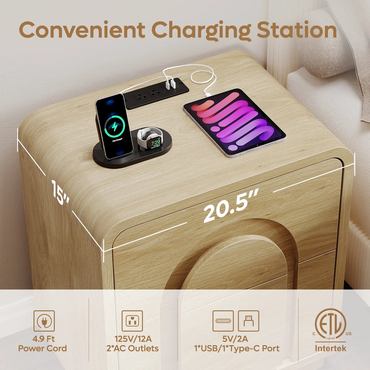 Bestier Nightstands Set of 2 with Charging Station, Modern Bedside Table End Table with Storage Drawer & Open Shelf for Bedroom Living Room Dorm Office, Natural