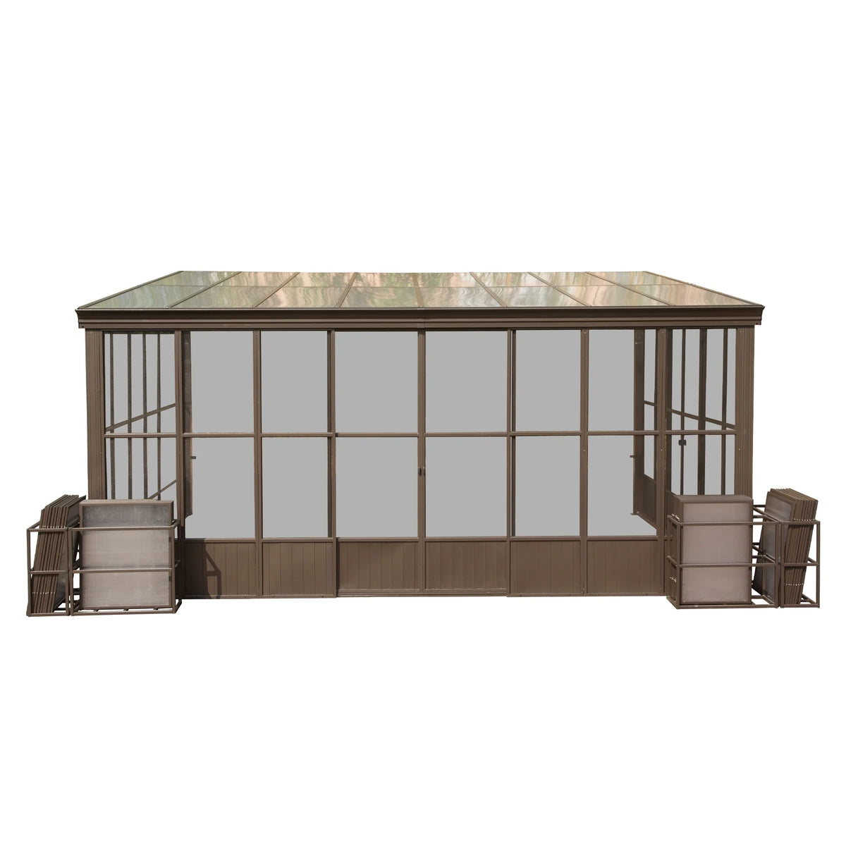 TOTAL Outdoor 10'x12' All-Season Sunroom Gazebo with Steel Roof, PVC Screen, Front & Side Door, Brown