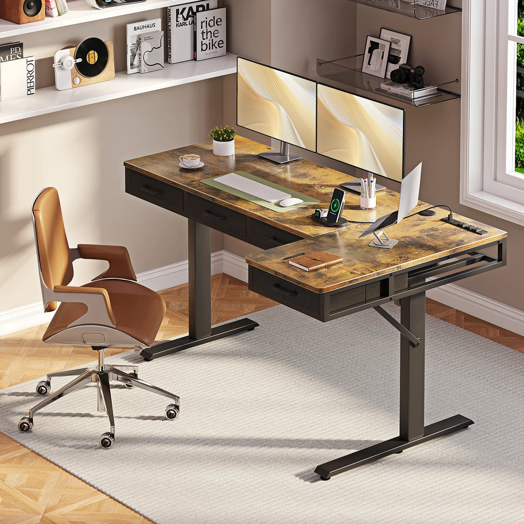 Electric Standing Desk with Drawers, 63 Inch Height Adjustable Desk with Power Outlets, Sit Stand Table, Writing Computer Desk for Home, Office, Workstation, Rustic Brown