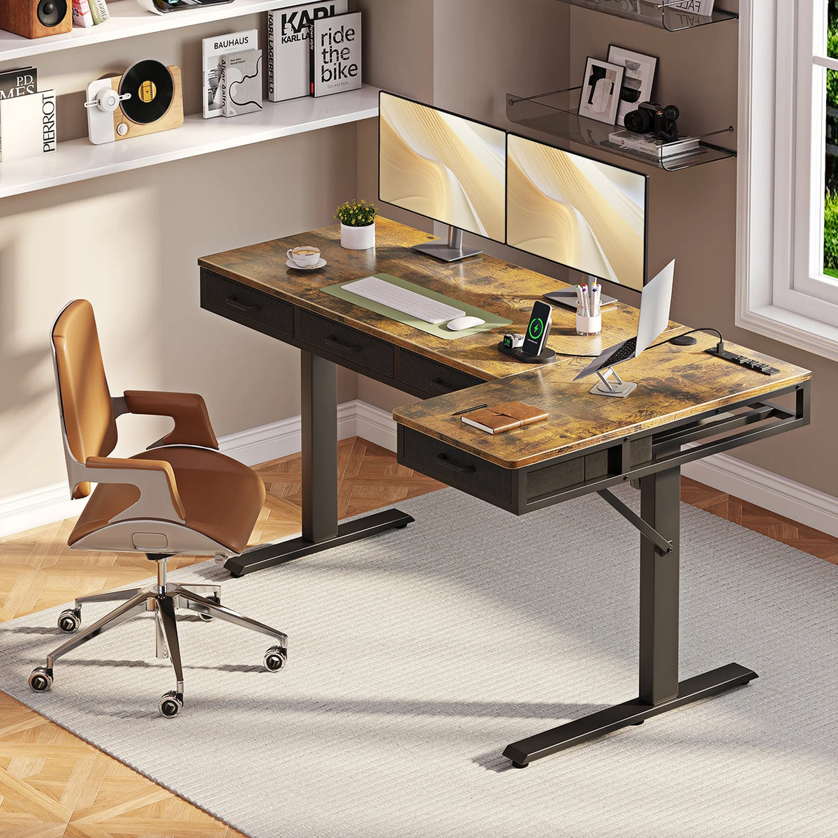 Electric Standing Desk with Drawers, 63 Inch Height Adjustable Desk with Power Outlets, Sit Stand Table, Writing Computer Desk for Home, Office, Workstation, Rustic Brown
