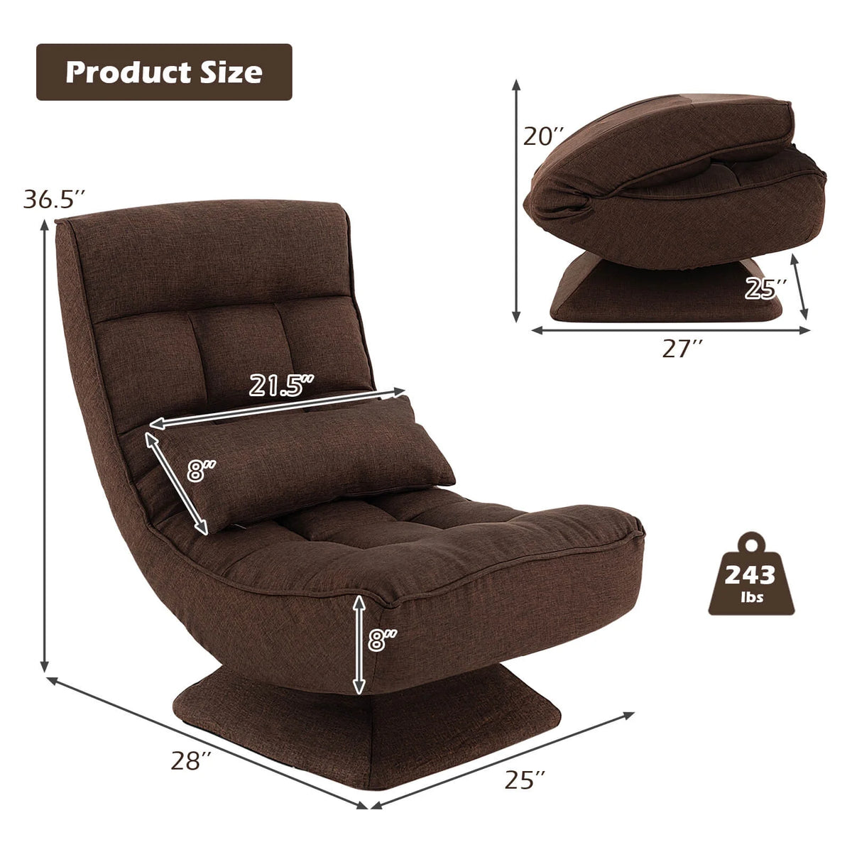 Costway 360 Swivel Floor Chair 5-Level Adjustable Lazy Chair w/ Massage Pillow Black