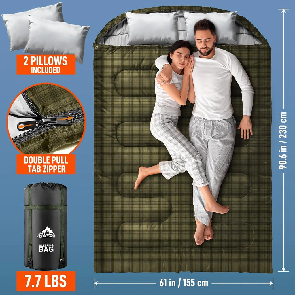 Double Sleeping Bag for Adults Mens with Pillow, XL Queen Size Two Person Sleeping Bag for All Season Camping Hiking Backpacking 2 Person Sleeping Bags for Cold Weather & Warm