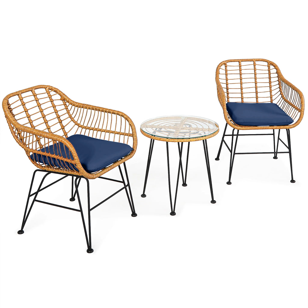 Costway 3PCS Patio Rattan Bistro Furniture Set Cushioned Chair Table Navy