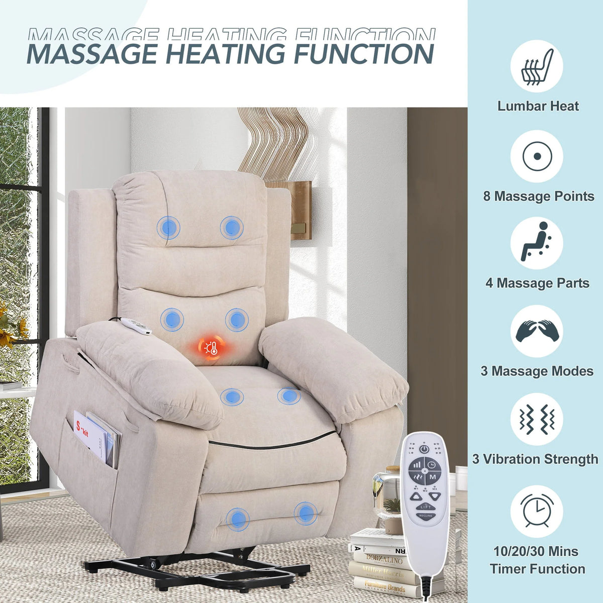 Aukfa Power Lift Massage Recliner Chair with Heat,Single Sofa Chairs for Living Room,Beige