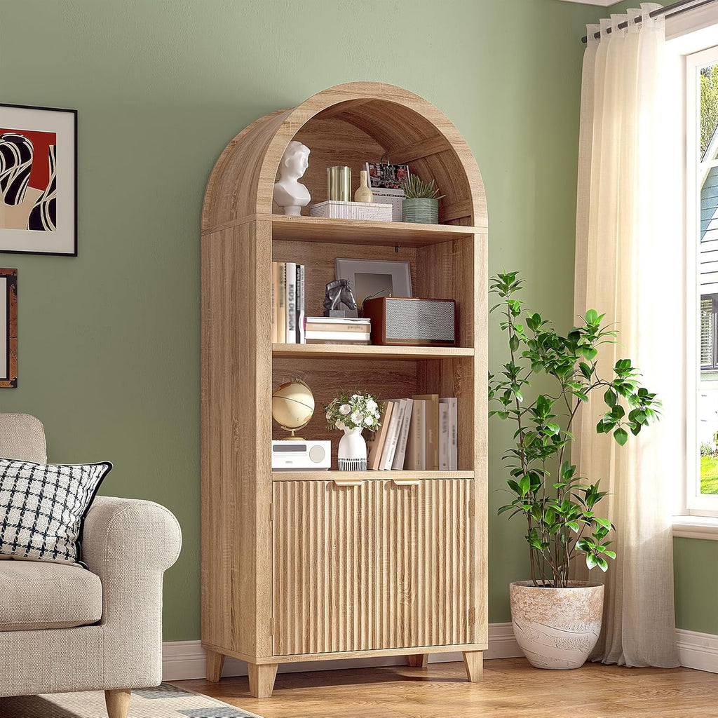 Bookshelf Arched Cabinet,5-Tier Arched Bookcase with Doors and Adjustable Shelves,Wooden Storage Cabinet with Open Display Shelf for Office,Living Room Light Oak