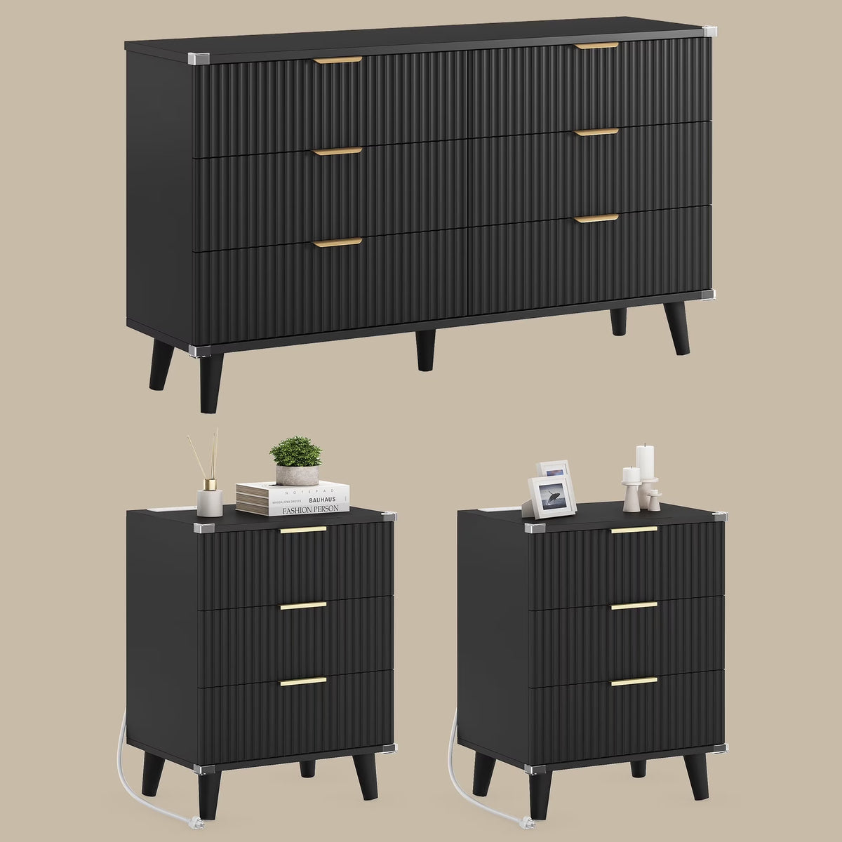 GIKPAL Bedroom Dresser and Nightstand 3 Piece Set - Includes Boho Double 6 Drawer Storage Dresser, Nightstand Set of 2 with Charging Station, Modern Bedroom Set, Natural