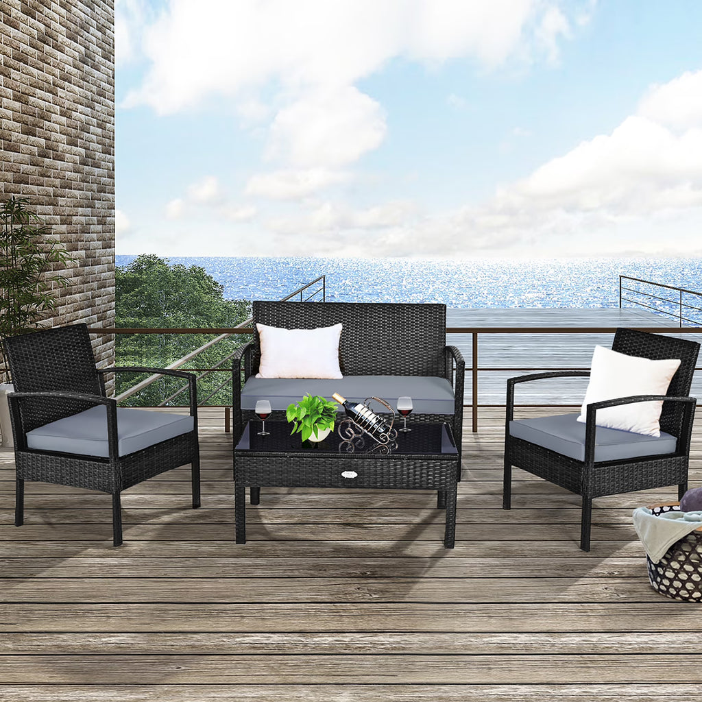 Costway 4PCS Patio Rattan Wicker Furniture Set Loveseat Sofa Cushioned Garden Yard Brown