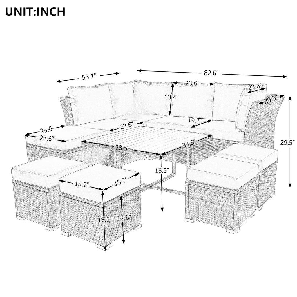 9 Pieces Outdoor Patio Furniture Set Outdoor Sectional Rattan Sofa Set Manual Wicker Patio Conversation Set with Ottomans, Solid Wood Coffee Table for Yard Deck Porch(Grey)