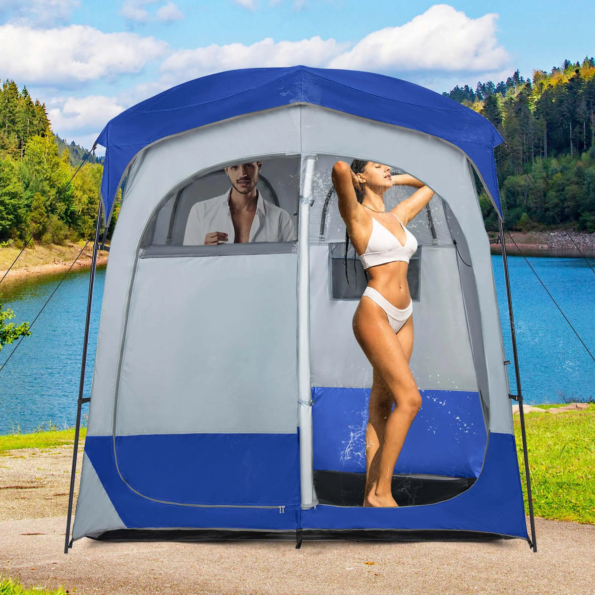 Costway 2 Room Shower Tent Oversize Privacy Shelter Portable Dressing Toilet Outdoor Gray