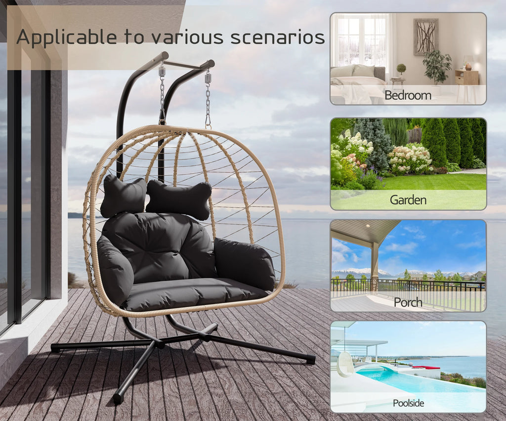 Bifanuo Double Wicker Swing Egg Chair Hammock Foldable Hanging Loveseat with Stand, UV Resistant Removable Cushions, 700LBS Capacity for Bedroom, Balcony (Black and Beige)