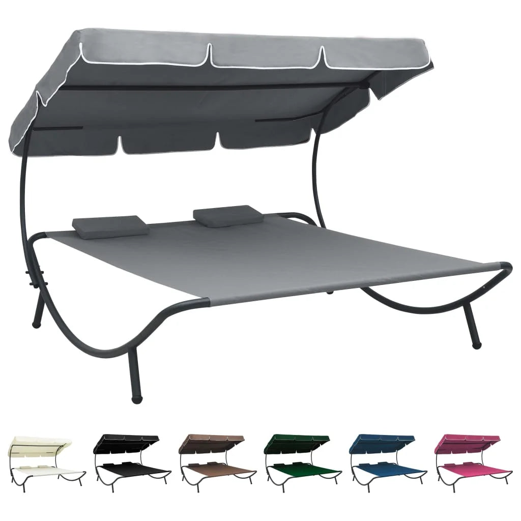 vidaXL Outdoor Double Chaise Lounge Patio Lounge Bed with Canopy and Pillows