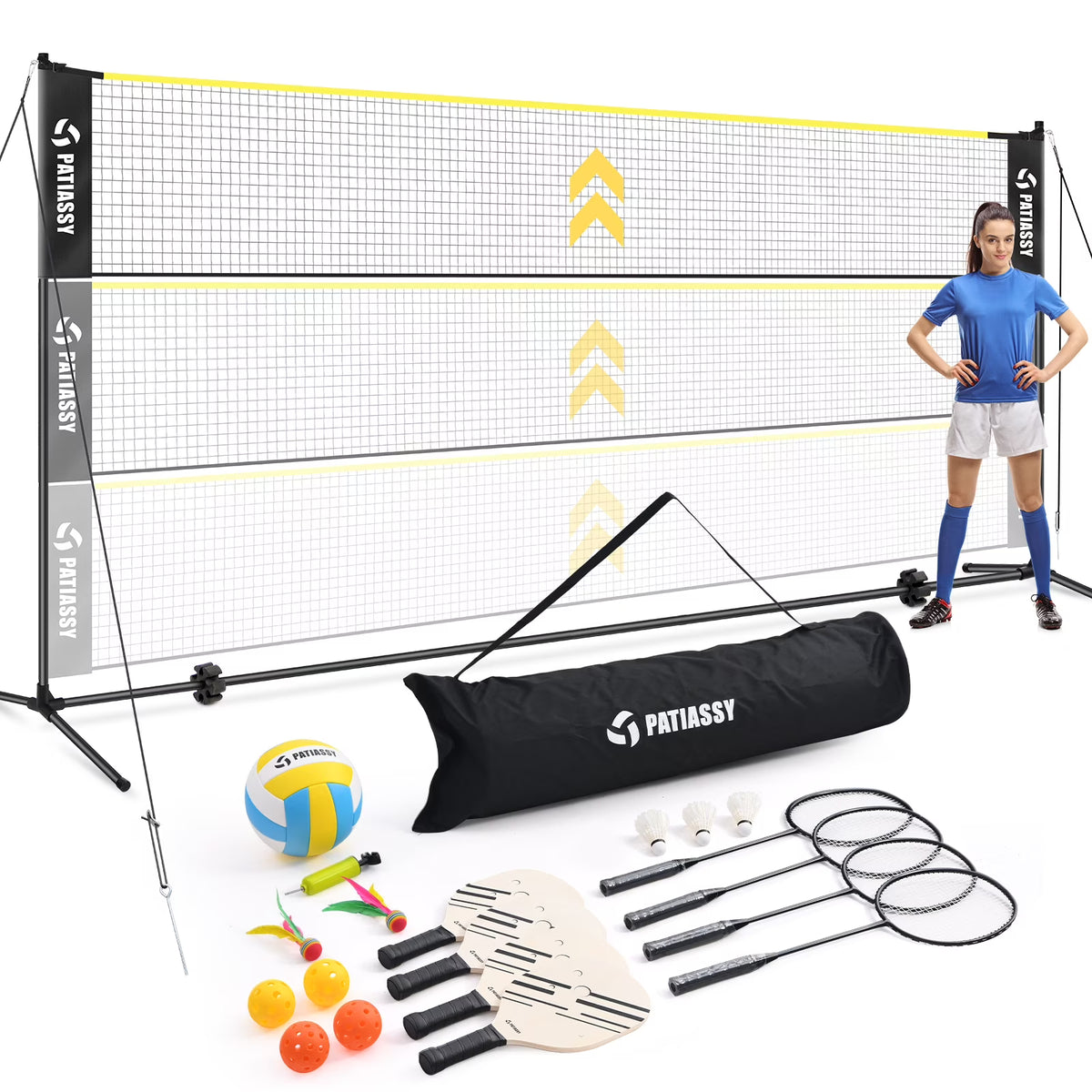 Patiassy 5.1ft-7.4ft Adjustable Height Volleyball Badminton Pickleball Net Set with Poles, 4 Rackets, 3 Shuttlecocks, 4 Pickleball Paddles , and Volleyball