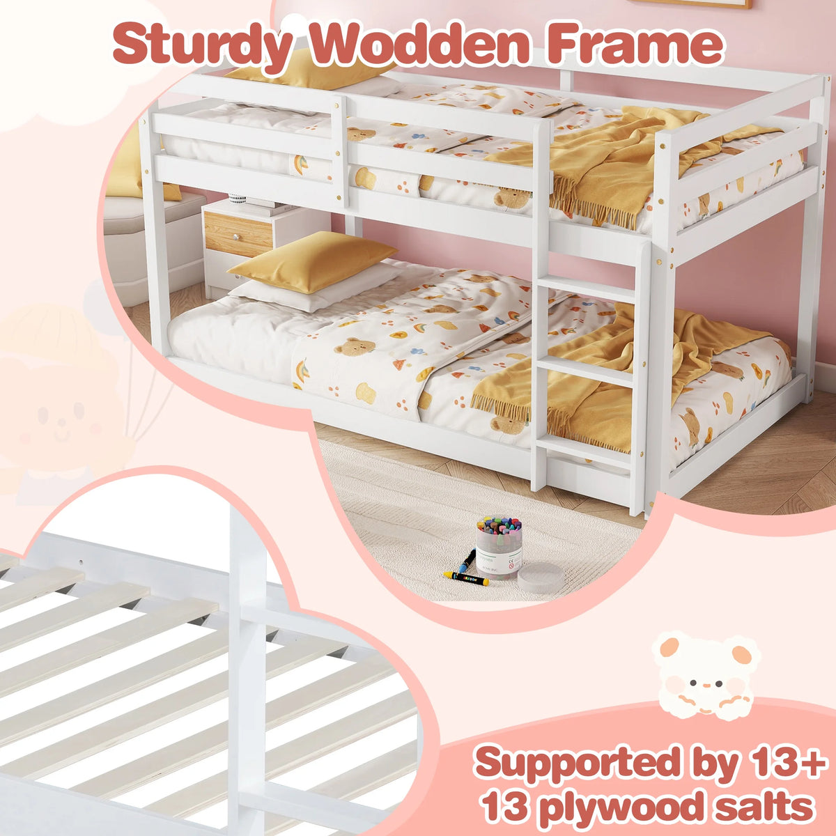 SESSLIFE Bunk Bed Twin Over Twin, Low Floor Bunk Bed with Guard Rails for Dorm, Small Space, No Box Spring Needed(White)