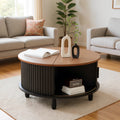 RUMLIVE Round Coffee Table with Storage, 30.7" Modern Coffee Table with 360 Curved Sliding Door, Fluted Wood Coffee Table with Footpads, Round Center Table for Living Room, Black