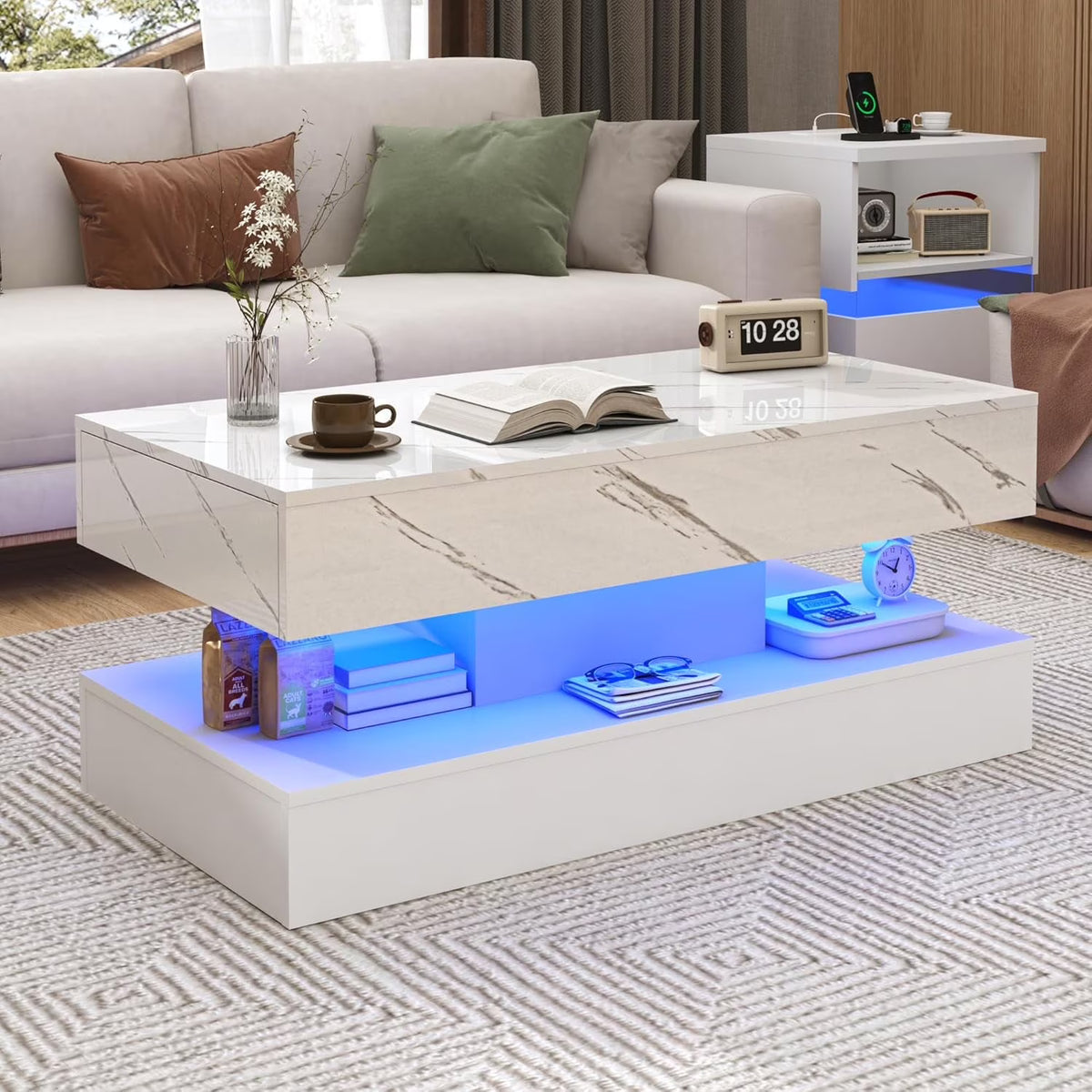 ChVans Large Black LED Coffee Table with 2 Storage Drawers, Modern High Gloss Coffee Table w/20 Colors LED Lights/APP Control, 2 Tiers Rectangle Large Living Room Furniture w/Marbling Print(47.3")