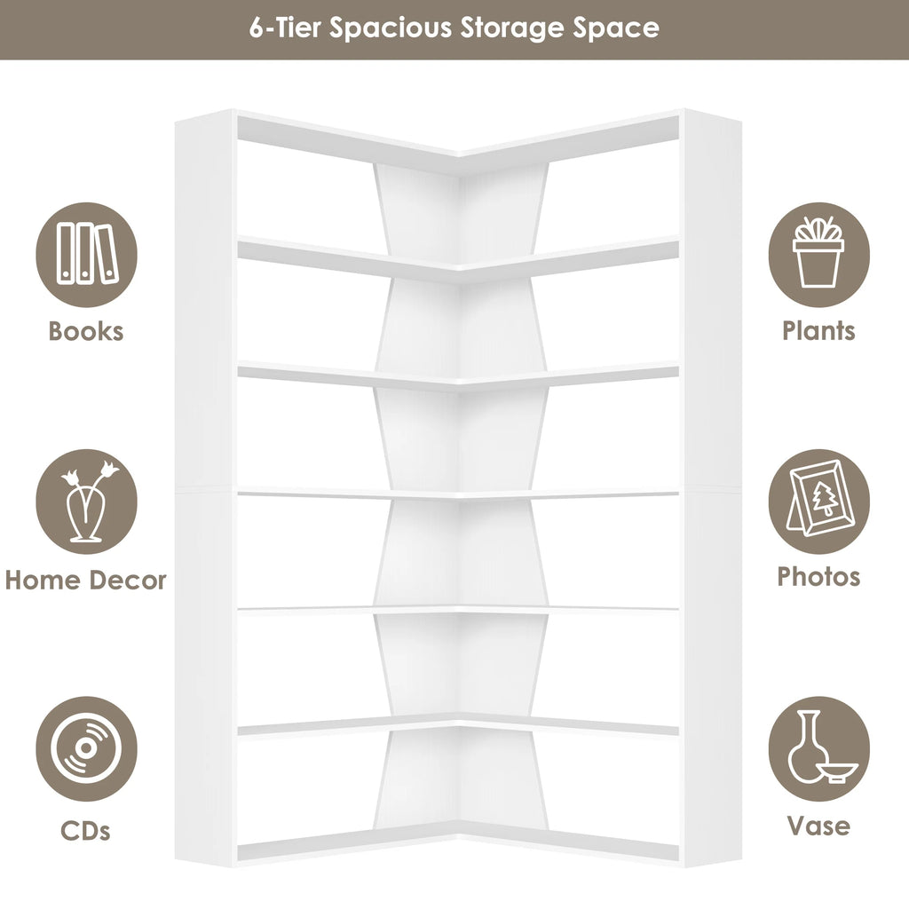 Homfa 6-Tier Corner Bookcase, L-Shaped Bookshelf with Baffle, Storage Display Rack for Office Living Room, Gray