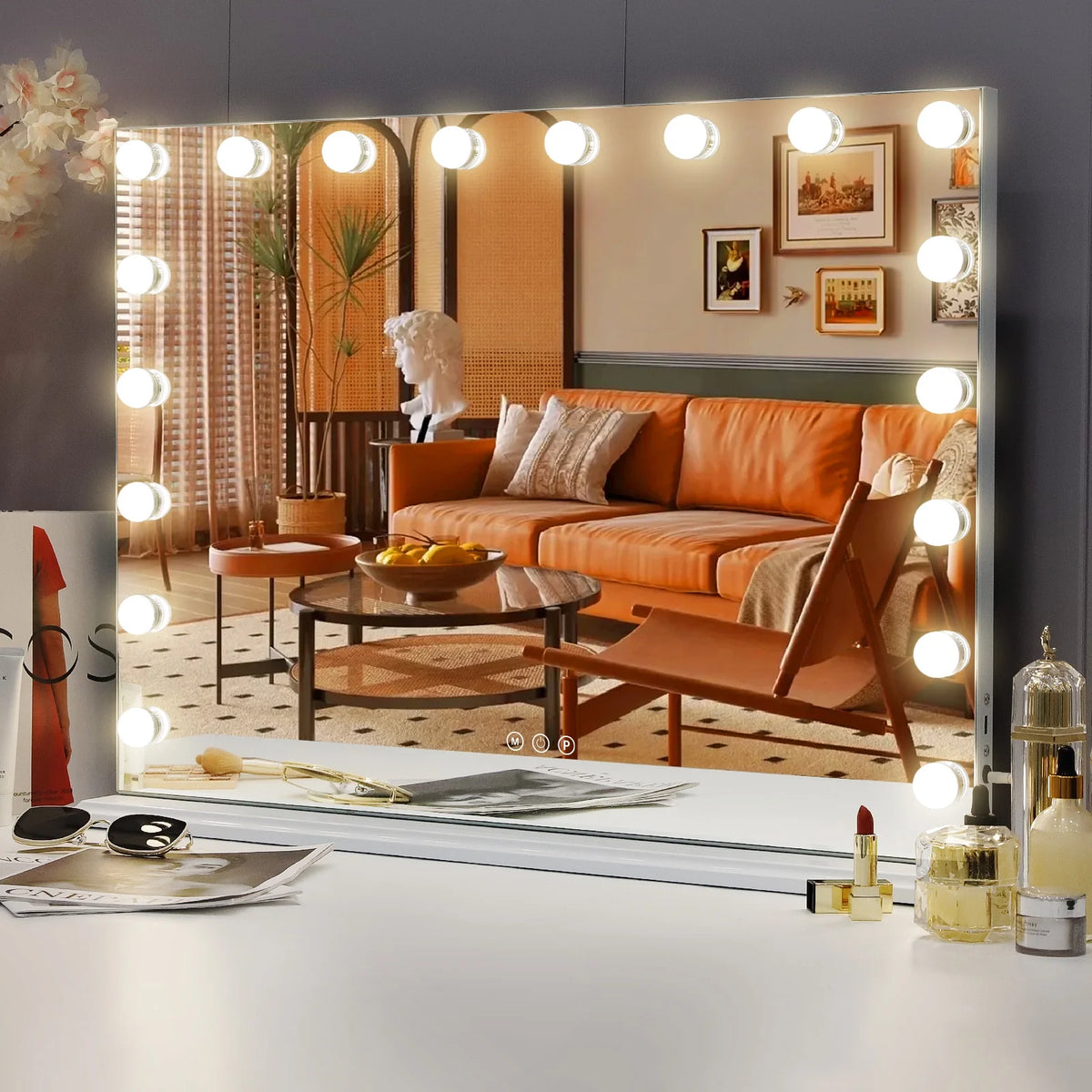Fenchilin 32"x23" Vanity Mirror with Lights USB Charging Tabletop Wall Mount Metal White