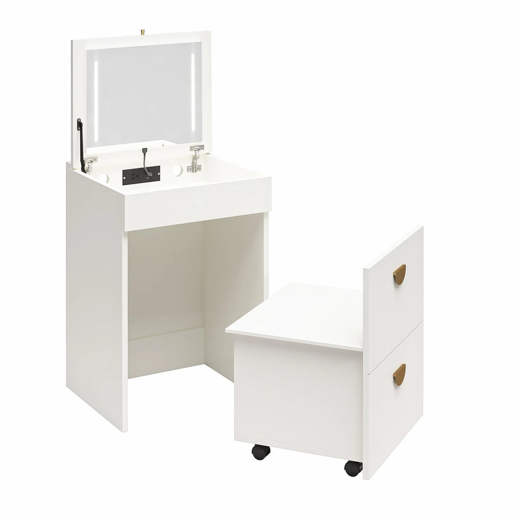 Ameriwood Home Compact 3-in-1 Vanity Set, Makeup Storage Desk & Stool, Mirror w/ LED lights & USB Charging Station, White