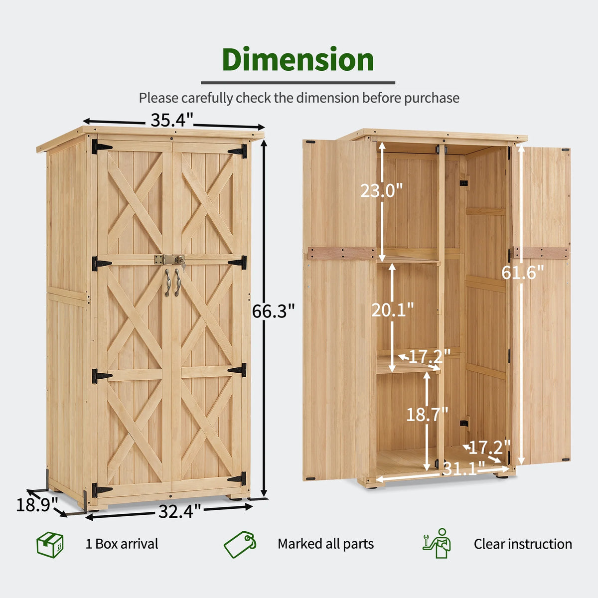 MCombo Wood Sheds & Outdoor Storage , Garden Tool Shed with Lock, Wooden Outdoor Storage Cabinet with Double Doors for Patio 1628