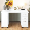 Sesslife White Computer Desk, Writing Desk with Lockable Wheels Modern Wood Study Desk with 4 Drawers for Home Office Workstation