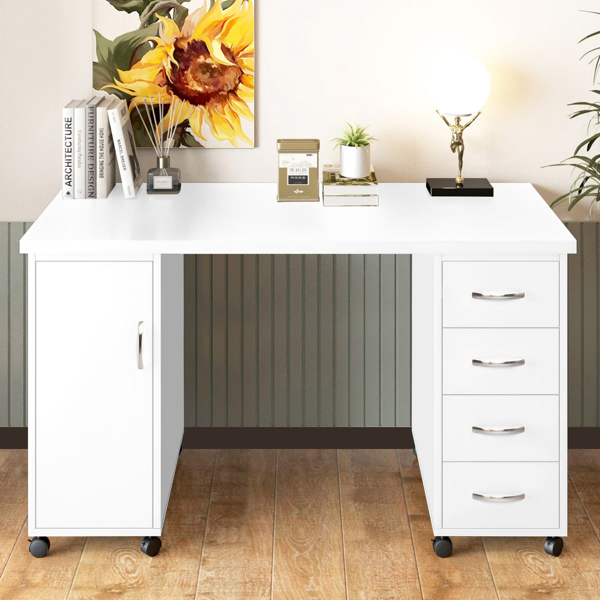 Sesslife White Computer Desk, Writing Desk with Lockable Wheels Modern Wood Study Desk with 4 Drawers for Home Office Workstation