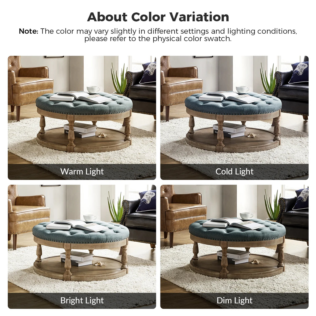 36'' Wide Blue Round Large Ottoman Tufted Coffee Table with Storage Wood Legs Home Living Room