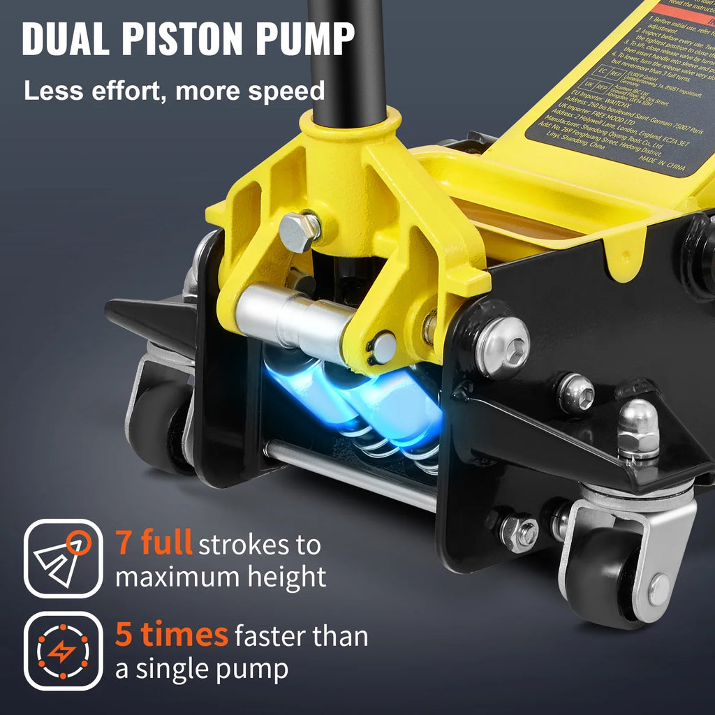 KFFKFF Low Profile Floor Jack, 3 Ton Capacity, Low-lying Steel Jack for Racing, Equipped with Efficient Dual Pistons for Rapid Elevation, Adjustable Height from 3.35 inches to 19.69 inches