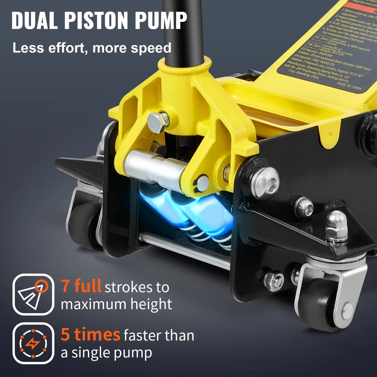 KFFKFF Low Profile Floor Jack, 3 Ton Capacity, Low-lying Steel Jack for Racing, Equipped with Efficient Dual Pistons for Rapid Elevation, Adjustable Height from 3.35 inches to 19.69 inches