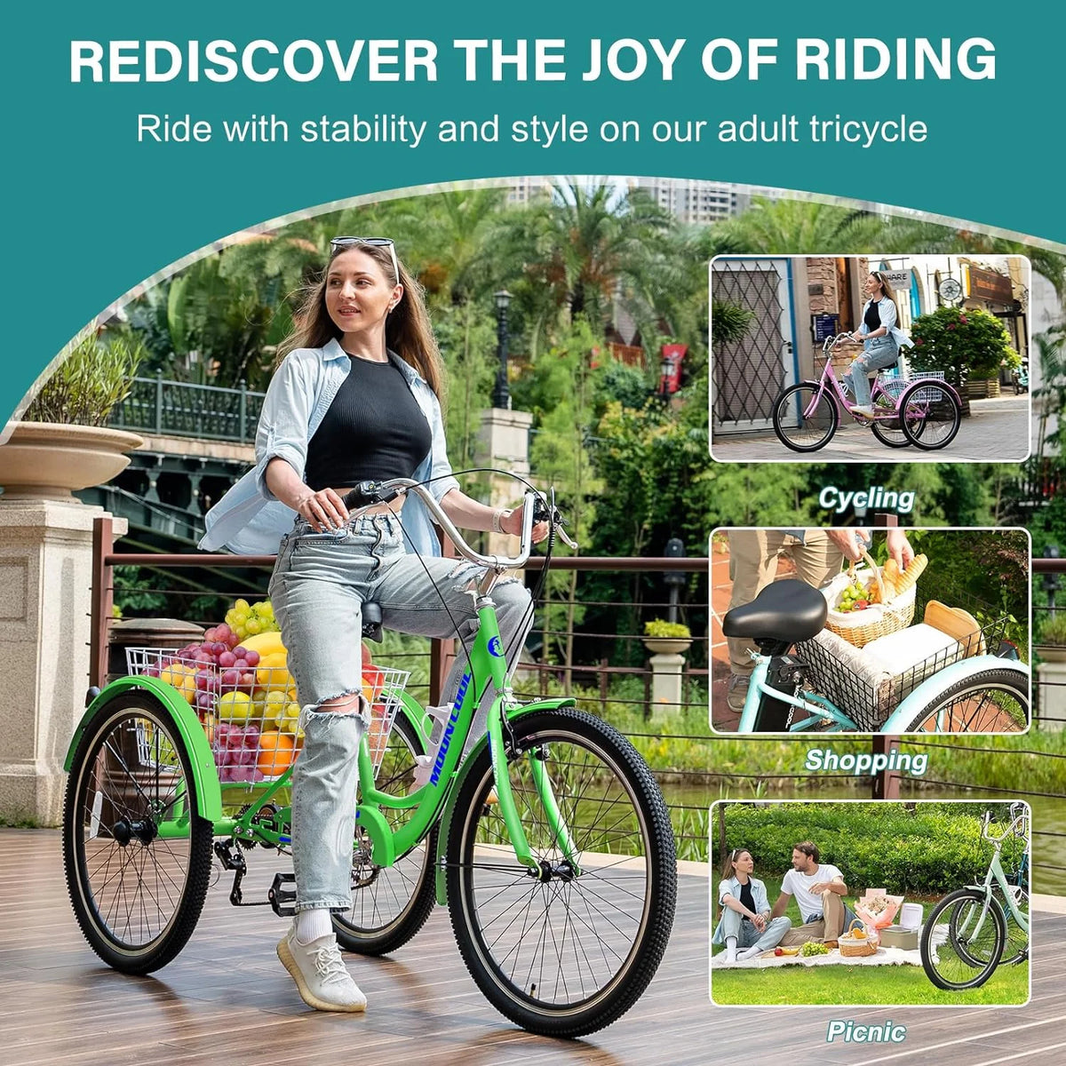 FICISOG 7 Speed Adult Tricycle for Women, 20/24/26 Inch Adult Trike with Basket, 3 Wheel Bikes for Adults Seniors, Cruise Trike for Shopping Picnic