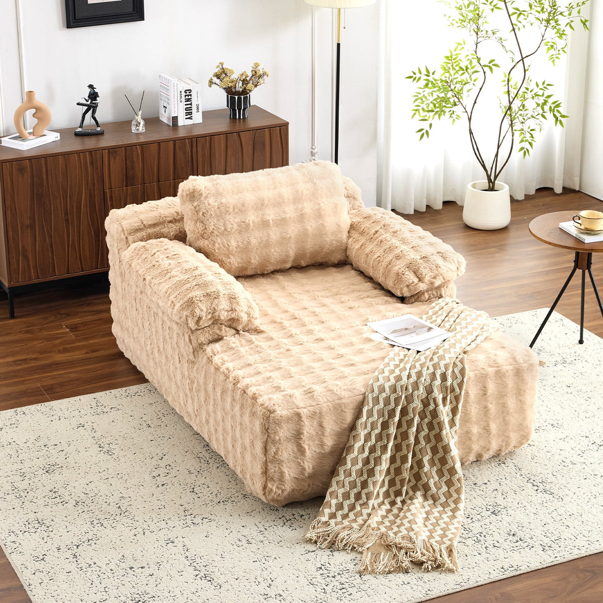 Ktaxon 68" Lounge Chair, Bubble Fleece Fabric Sofa Bed, Boneless Sleeper Chaise with Removable Backrest & Pillow-Top Armrests for Living Room White