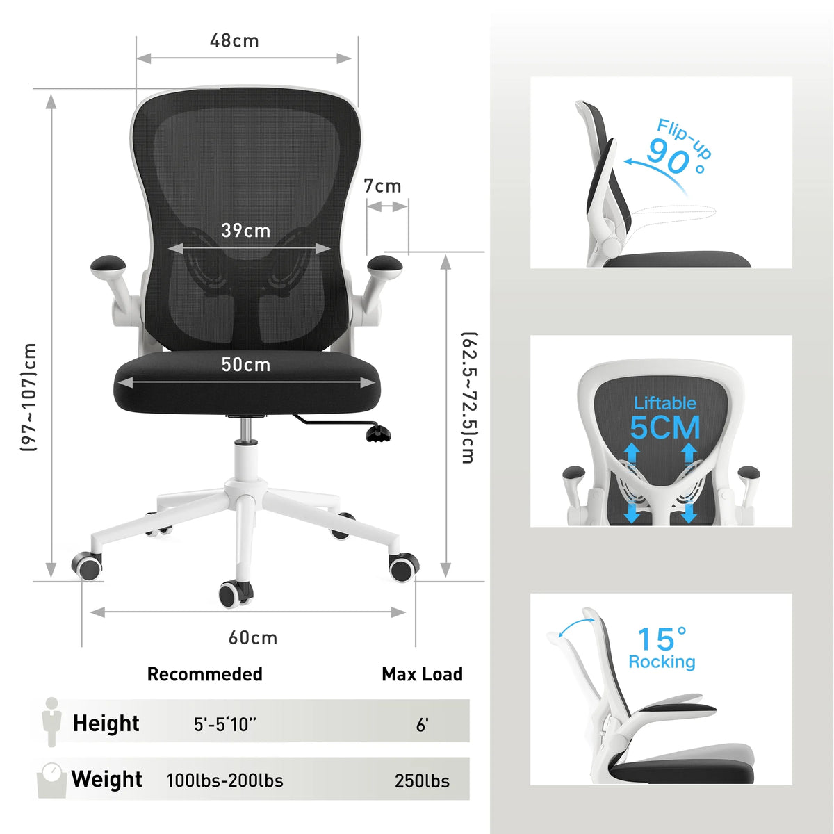Hbada Office Chair, Ergonomic Desk Chair, Computer Mesh Chair with Lumbar Support and Flip-up Arms, Gray