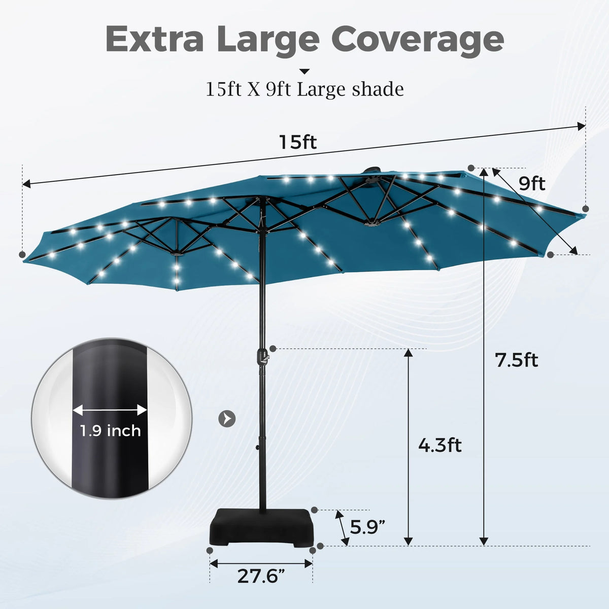 Alpha Joy 15ft Extra Large Outdoor Patio Double-Sided Umbrella with LED Solar Lights & Umbrella Base, Beige