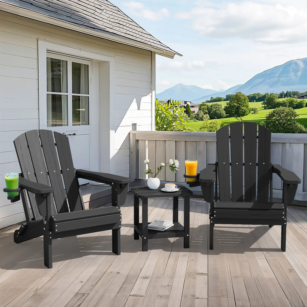 SERWALL Outdoor Adjustable Folding HDPE Adirondack Chairs Set of 2 with Cup Holder, Gray