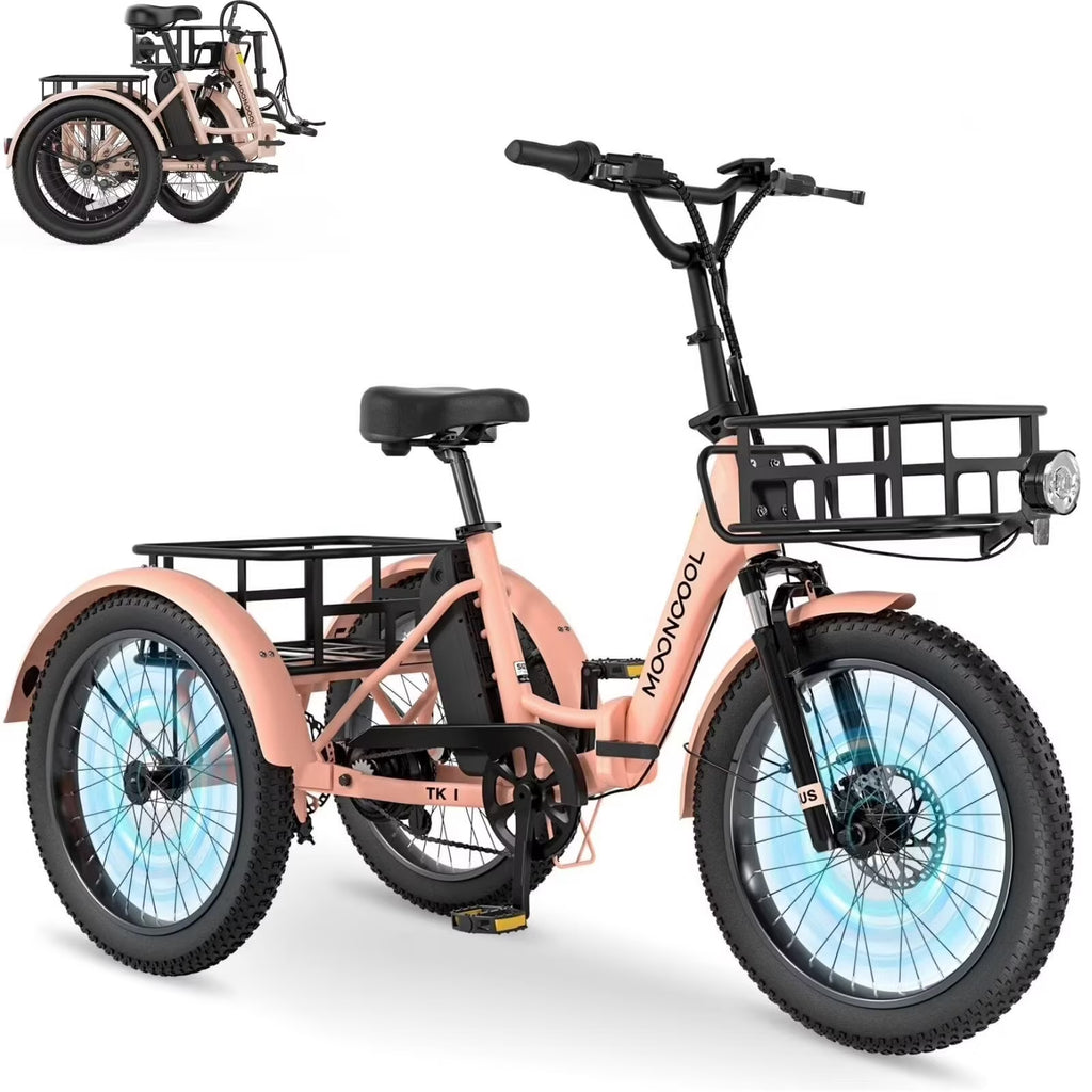 MOONCOOL TK1 Folding Electric Tricycle for Adults,48V 14.5Ah Removable battery, 500W Peak 1000w Motor, 20" Fat Tire Step-Thru 3Wheel Electric Bicycle w/Front&Rear Baskets, Certified to UL 2849 by SGS