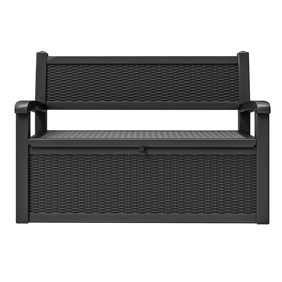 ModFusion 70-Gallon Outdoor Resin Storage Cabinet with Rattan Backrest Waterproof Patio Bench Seat, 500 lbs Capacity, Black