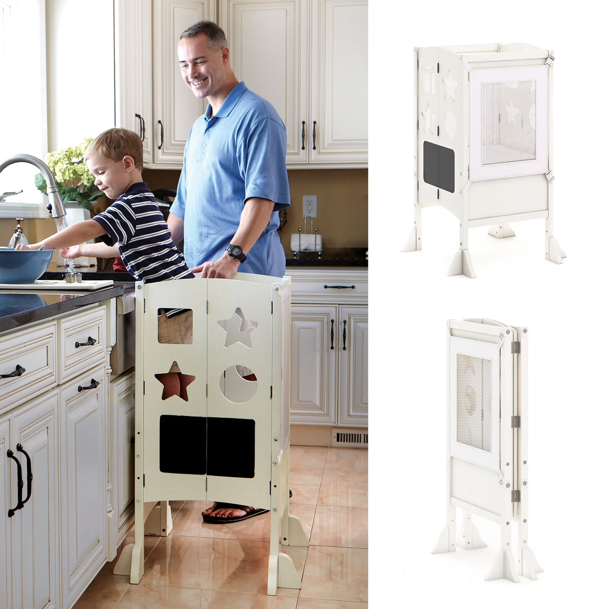 Guidecraft Classic Kitchen Helper Kids' Step Stool - Natural: Foldable and Adjustable Wooden Toddler Tower for Learning with Keeper