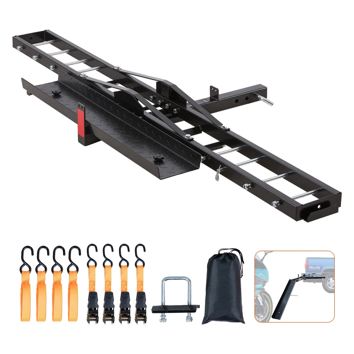 KFFKFF Steel Motorcycle Hitch Carrier, 600 LBS Capacity, Includes Ramp, Ratchet Straps & Stabilizer, Fits 2" Hitch Receivers on Cars & Trucks