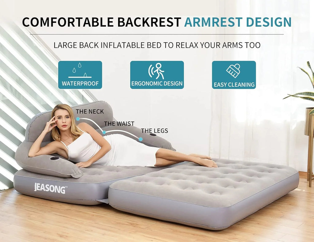 Inflatable Chair Air Couch with Air Pump, Camping Air Mattress Blow Up Inflatable Sofa Bed with Backrest, Multi-Mode Use, Easy to Storage