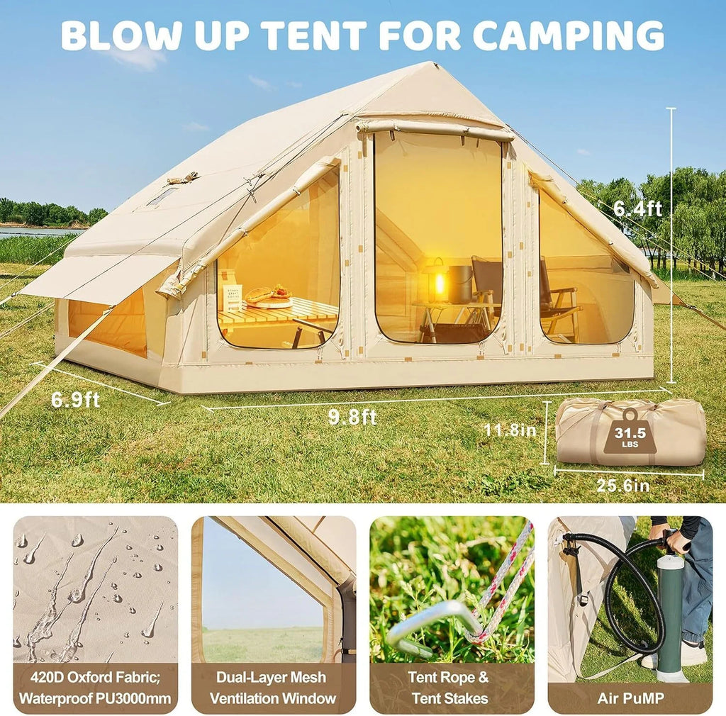 NAIZEA Inflatable Tent Air Glamping Tents 6Person Cabin Tent&Mesh&Chimney Window
