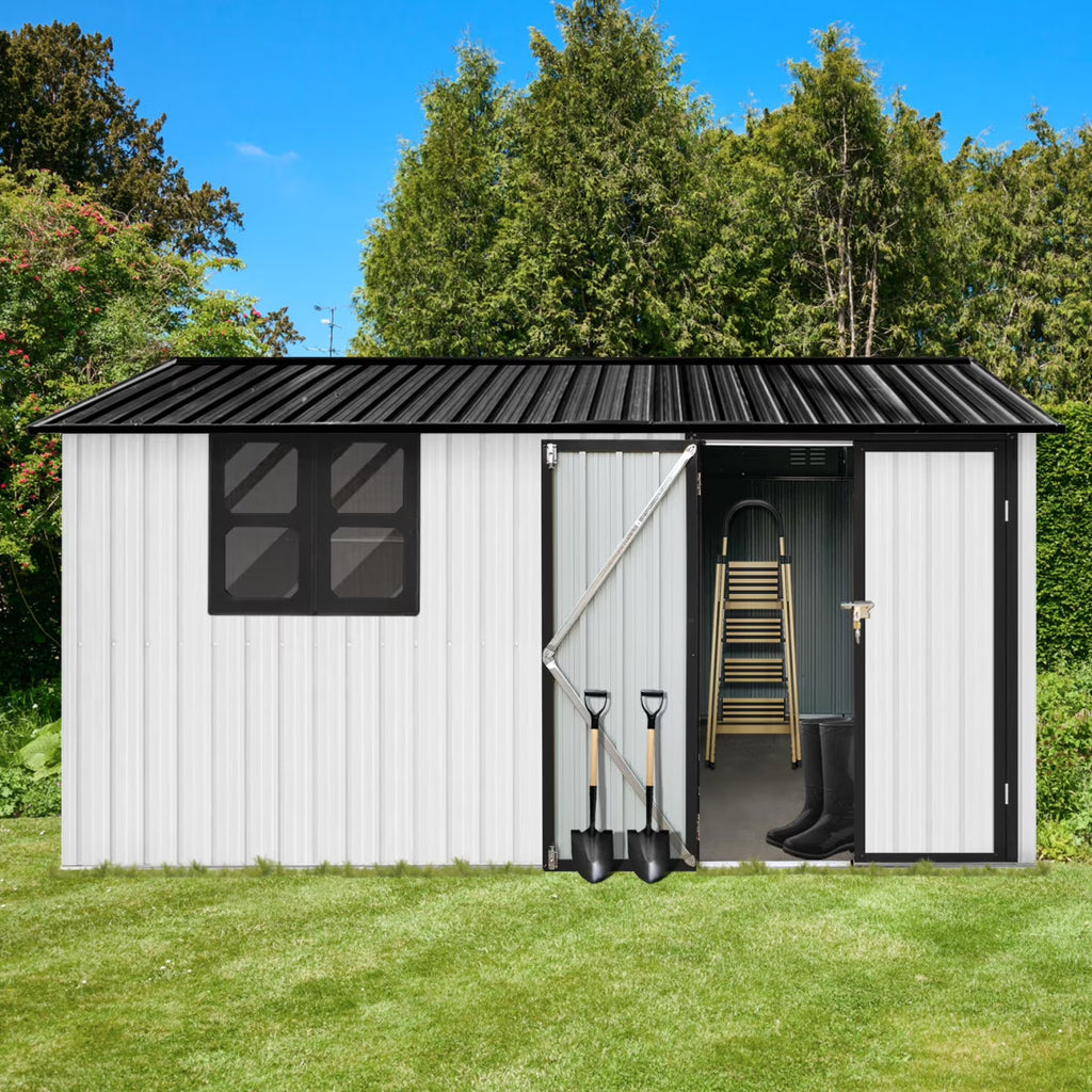 10x12 FT Outdoor Storage Shed, Metal Garden Tool Shed with Vents, Window and Bulit-in Hooks, Waterproof  Organization for Home/Backyard/Garden Tools/Lawn Storage, Yellow+White