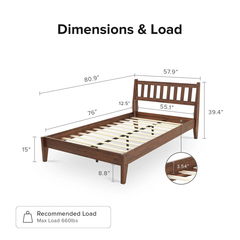 Mopio Ted Queen Bed Frame with Headboard, Full Size Bed Frame, Mid Century Modern Acacia Solid Wood Platform Bed Frame, Wooden Bed Slats, No Box Spring Needed, Double Metal Bar Support, Walnut