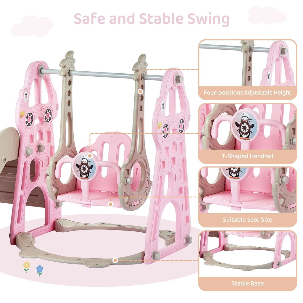 DUKE BABY 4-in-1 Kids Swing and Slide Set for Toddler Age 1-6, Extra Large Baby Indoor Outdoor Activity Playground with Basketball Hoop and Climber – Pink
