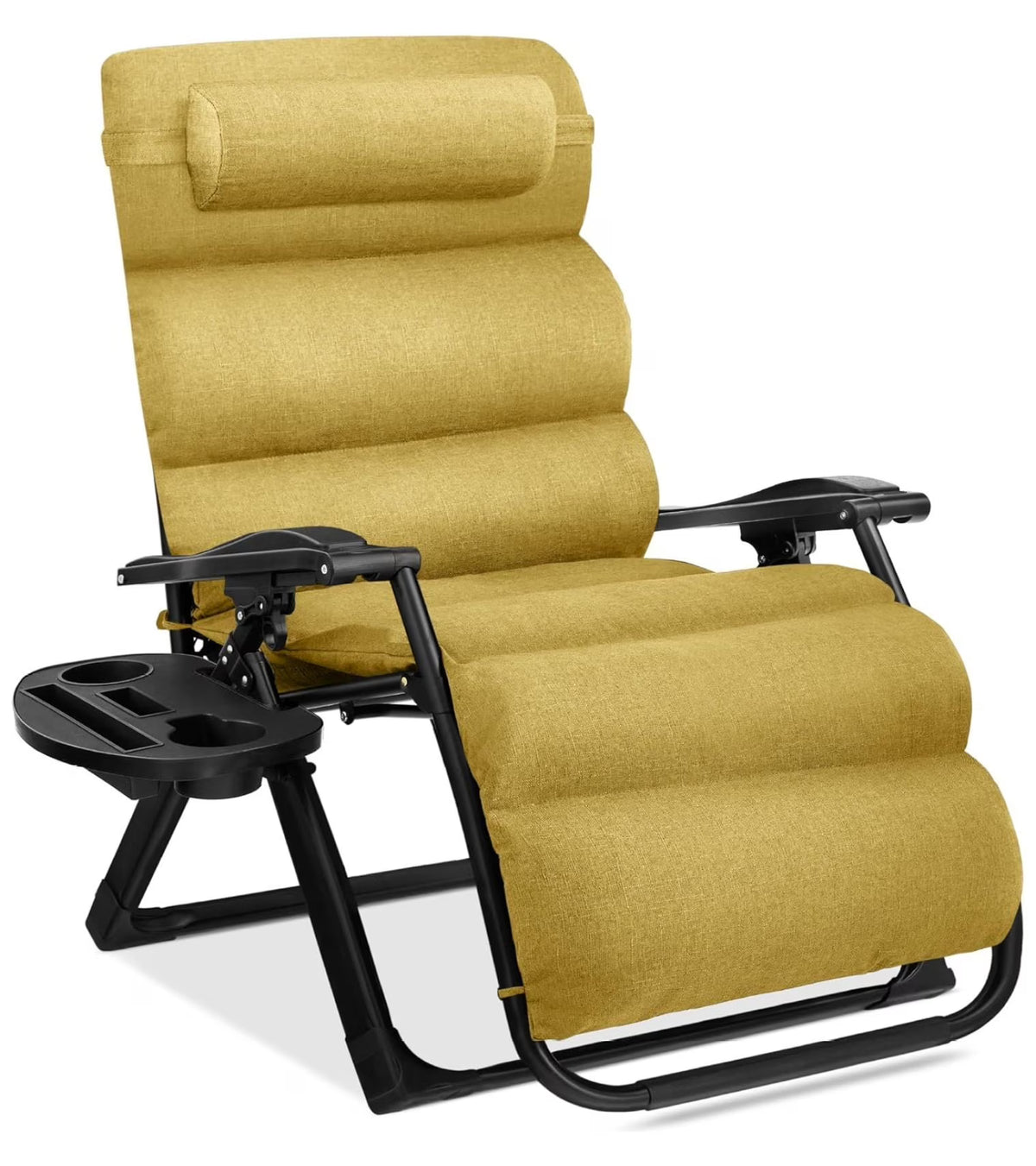 Oversized Chair, Folding Outdoor Patio Recliner, XL Anti Gravity Lounger w/Removable Cushion, Cup Holder, Side Tray, 350lb Capacity - Taupe