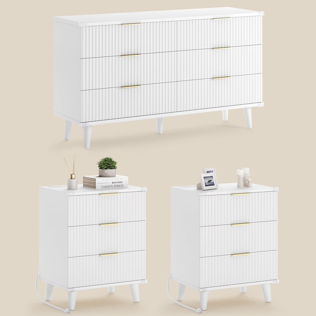 GIKPAL Bedroom Dresser and Nightstand 3 Piece Set - Includes Boho Double 6 Drawer Storage Dresser, Nightstand Set of 2 with Charging Station, Modern Bedroom Set, Natural