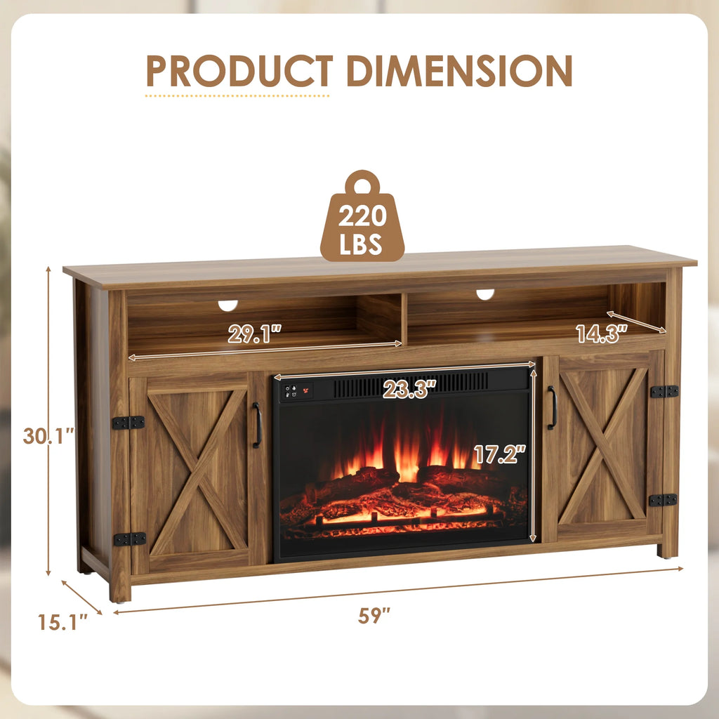 Homall Rustic 65" Television Stand with Electric Fireplace & 2 Shelves, Wood Oaken, 15.1'' W