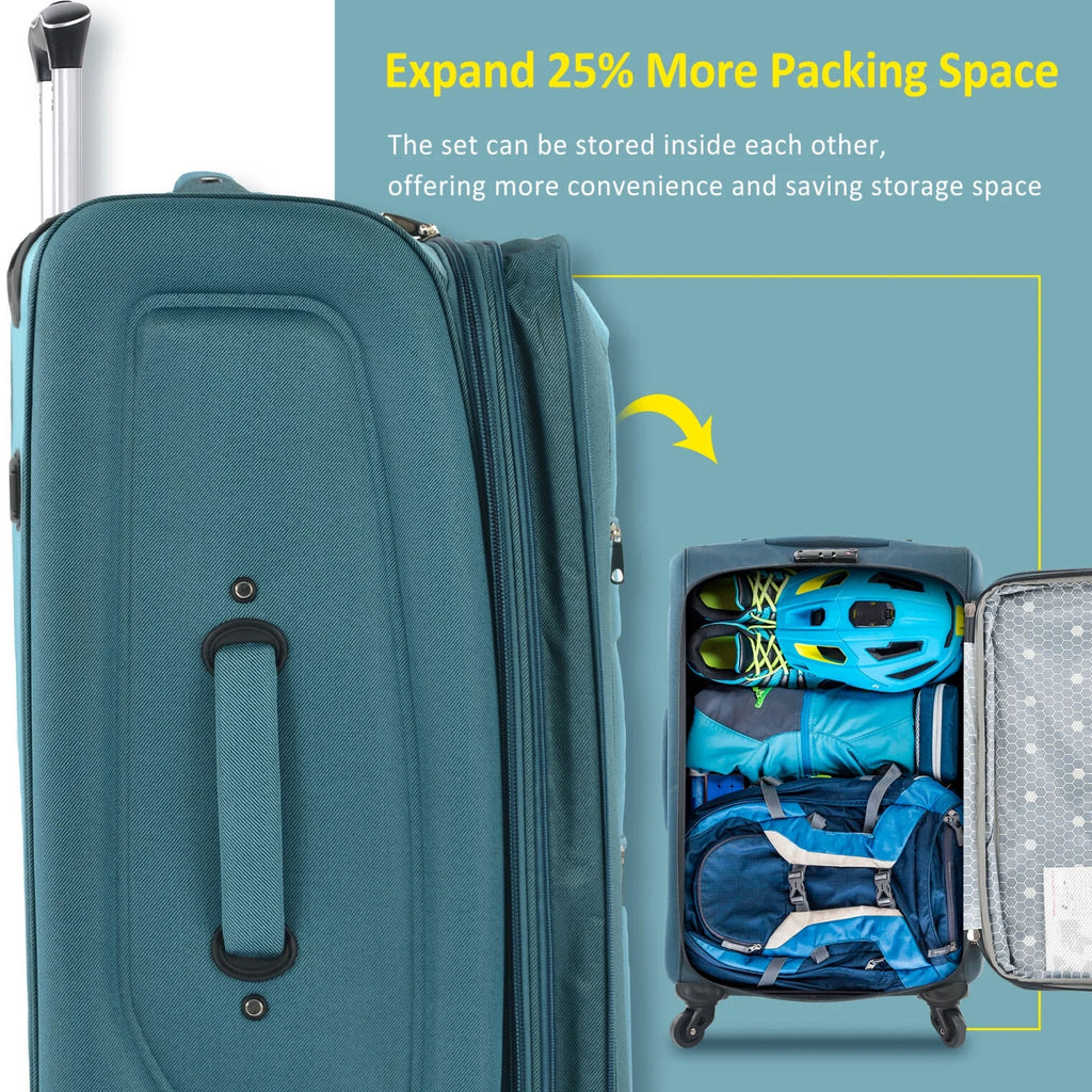 Expandable Softside Luggage Sets 3 Piece,Upright Spinner Suitcases with Wheels,Lightweight Carry on Luggage Travel Set,Green